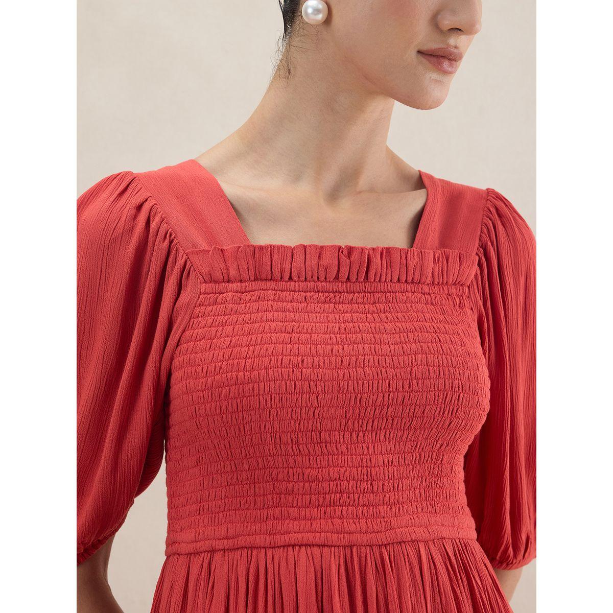 Femmella X Styli  Smocked Detail Cuffed Sleeve Midi Dress-women-clothing-dresses-image-4