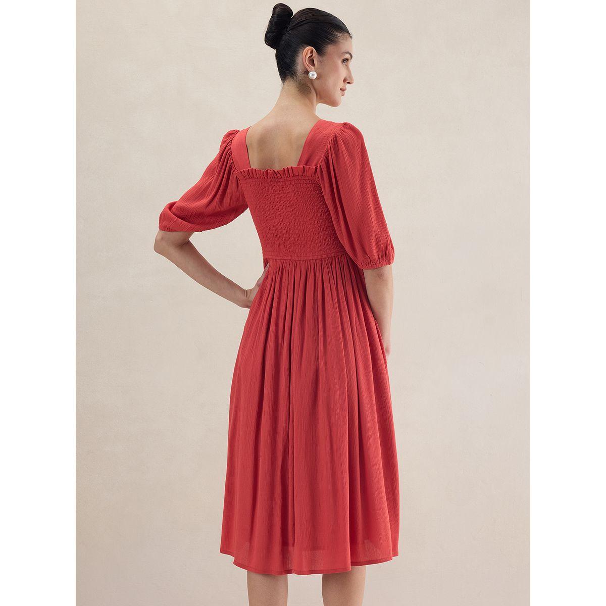 Femmella X Styli  Smocked Detail Cuffed Sleeve Midi Dress-women-clothing-dresses-image-5