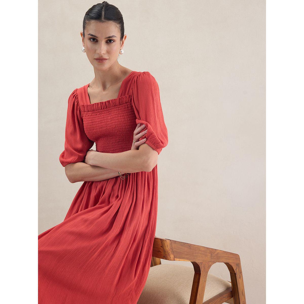 Femmella X Styli  Smocked Detail Cuffed Sleeve Midi Dress-women-clothing-dresses-image-6