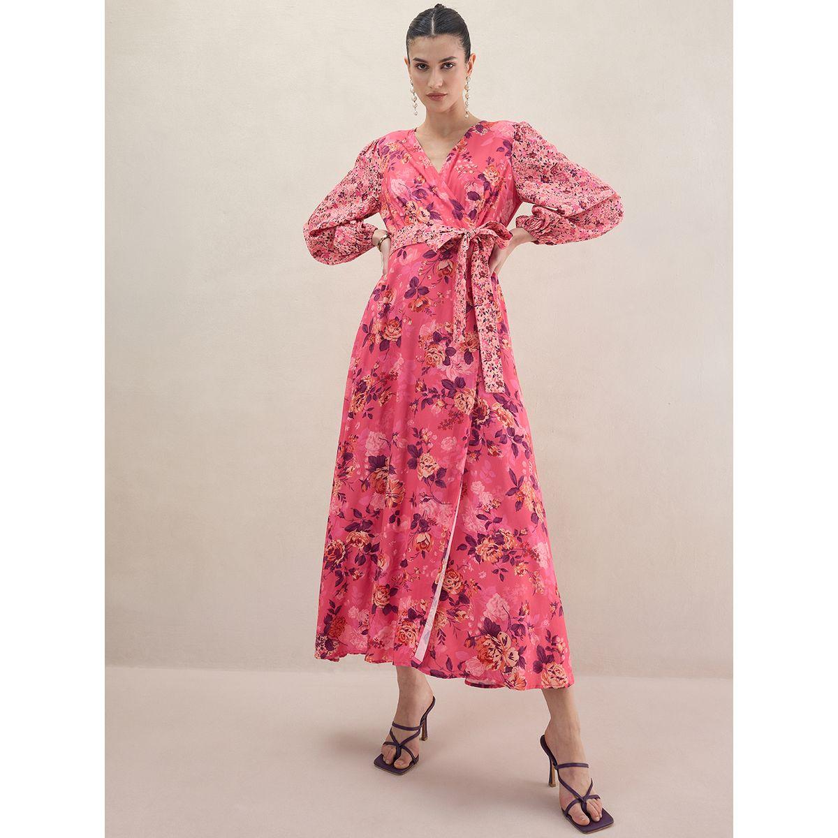 فستان طويل بنمط لف وطبعة زهور فِميلا × ستايلي-women-clothing-dresses-image-1