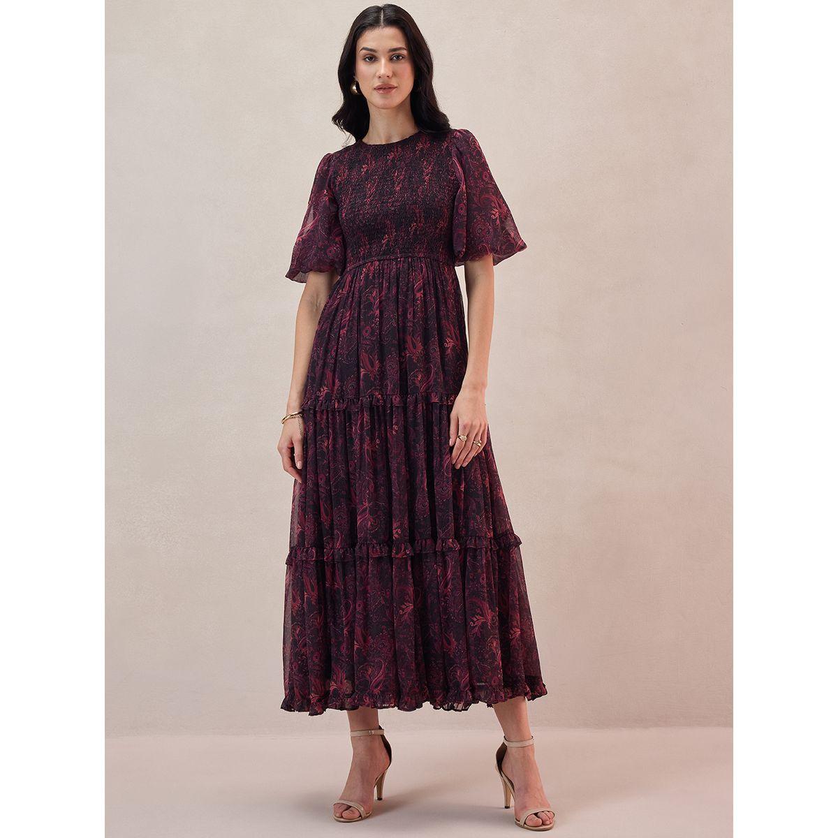 فستان طويل مطبع بطبعة بيزلي مع كشكش فِميلا × ستايلي-women-clothing-dresses-image-2