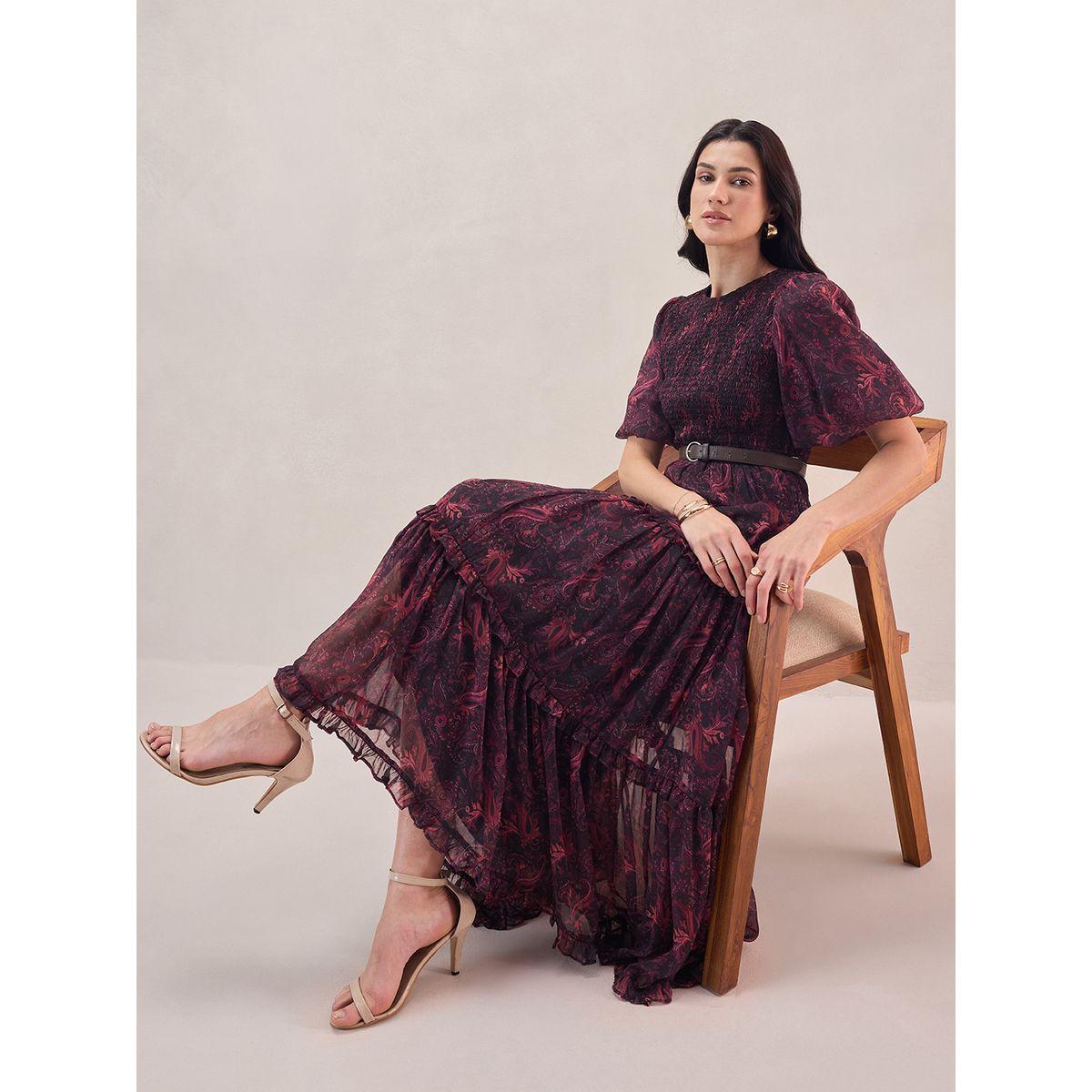 فستان طويل مطبع بطبعة بيزلي مع كشكش فِميلا × ستايلي-women-clothing-dresses-image-6
