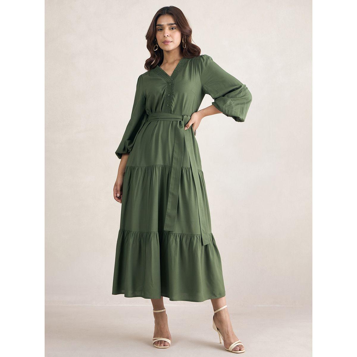 فستان طويل بكسرات مع حزام خصر فِميلا × ستايلي-women-clothing-dresses-image-2