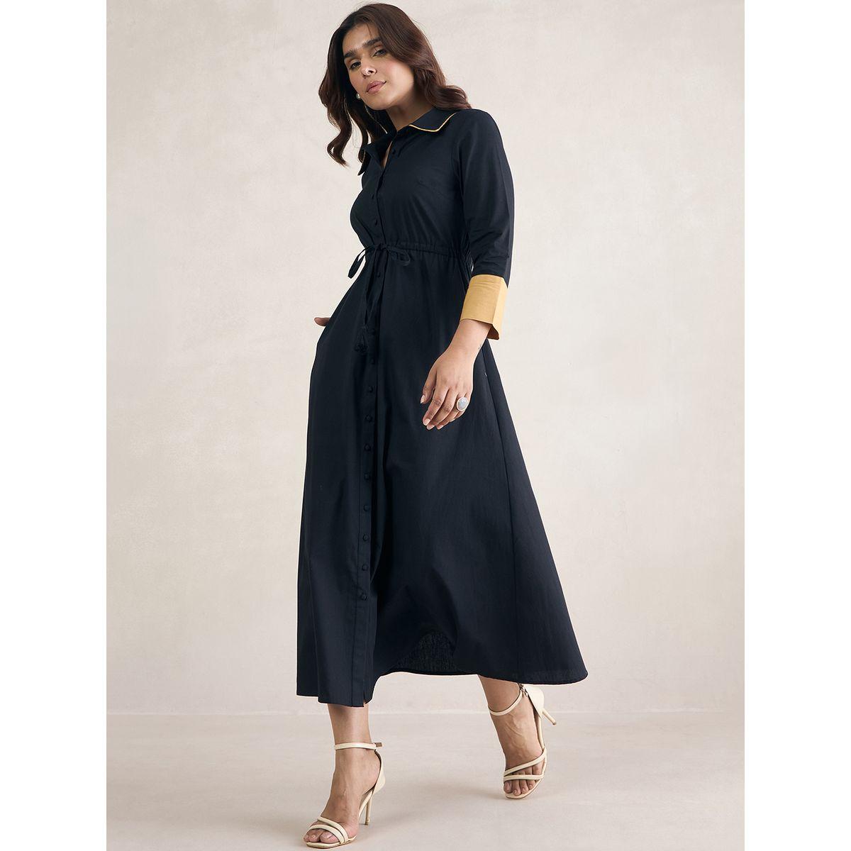 Femmella X Styli  Contrast Cuff Button Through A-Line Maxi Dress-women-clothing-dresses-image-1