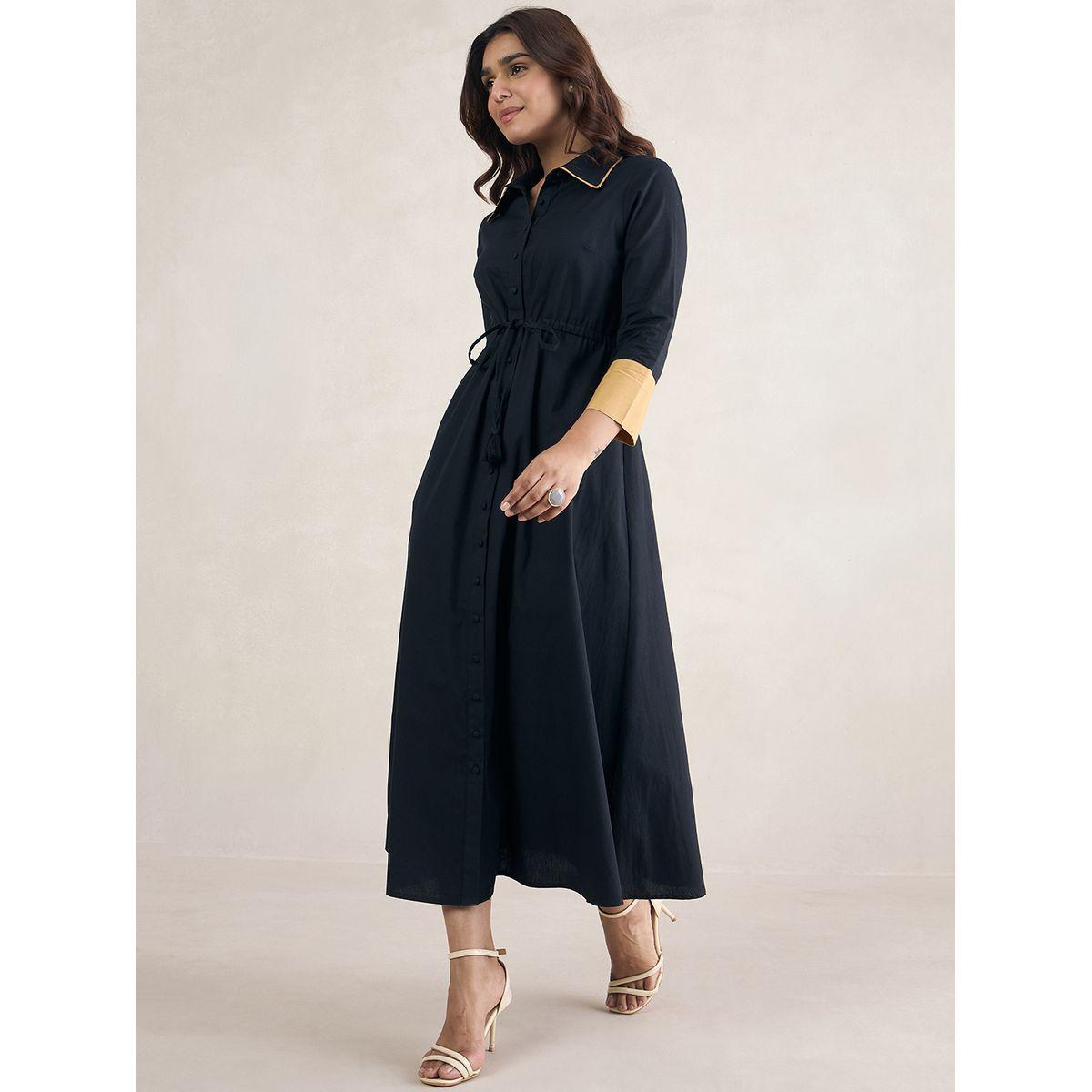 Femmella X Styli  Contrast Cuff Button Through A-Line Maxi Dress-women-clothing-dresses-image-3