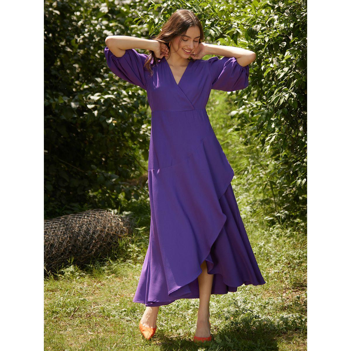 فستان طويل بنمط لف وكشكش مع اكمام مكبلة فِميلا × ستايلي-women-clothing-dresses-image-1