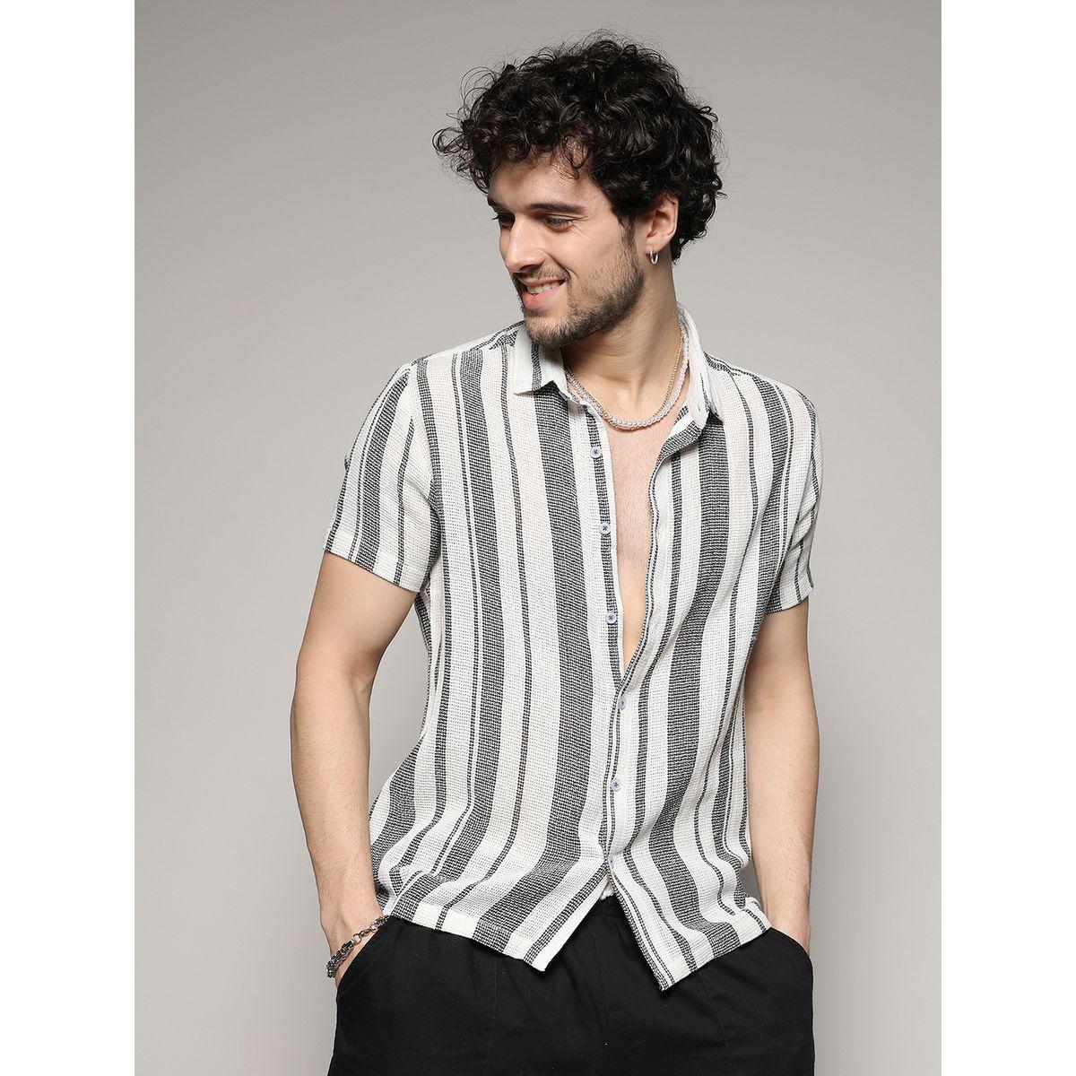 قميص مخطط منسوج مع اكمام قصيرة كامبوس سوترا × ستايلي-men-clothing-shirts-image-1