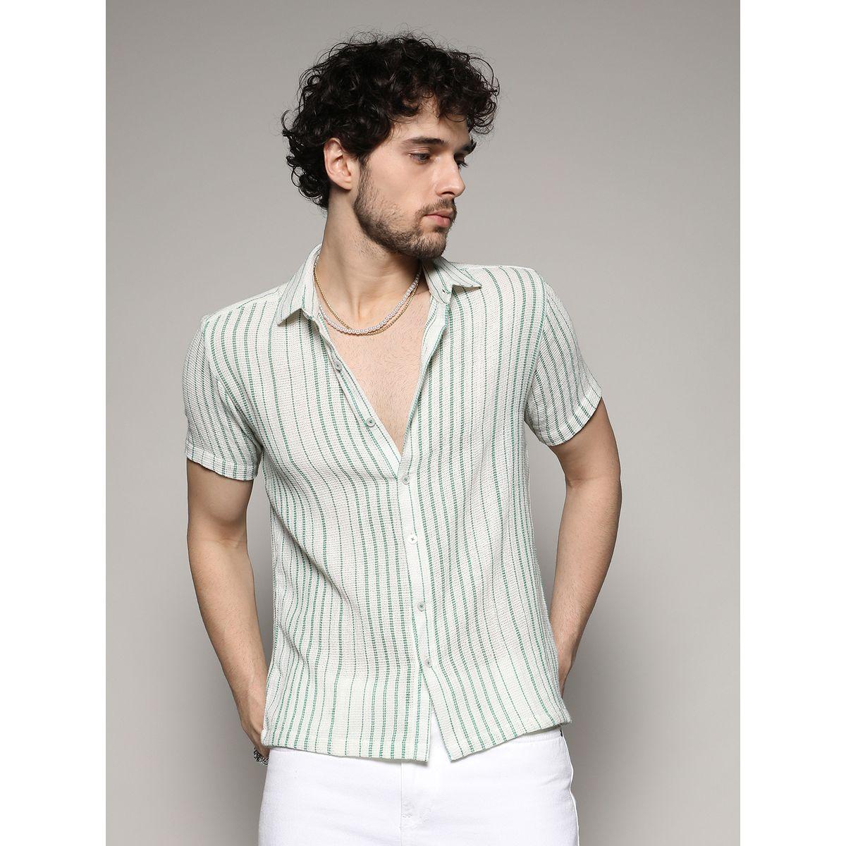 قميص مخطط منسوج مع اكمام قصيرة كامبوس سوترا × ستايلي-men-clothing-shirts-image-1