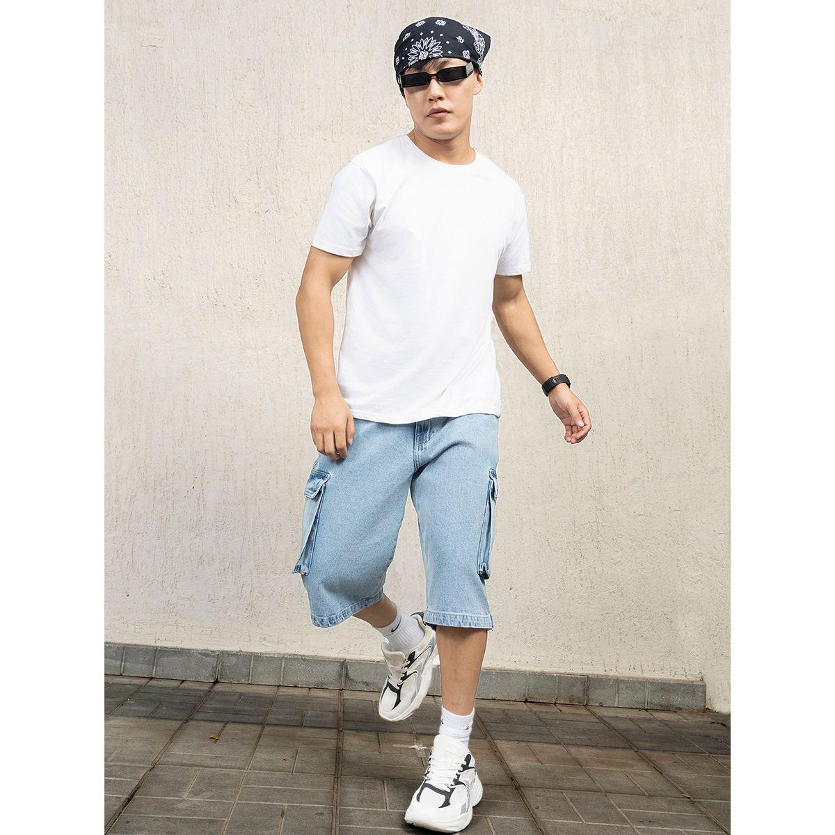 شورت دنيم بنمط كارجو وقصة مريحة هابر هولم × ستايلي-men-clothing-bottoms-shorts-image-4