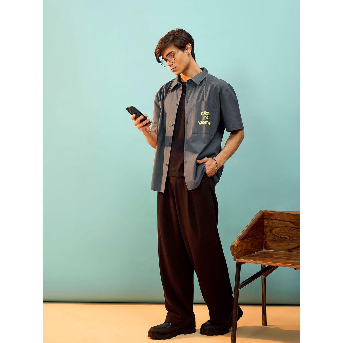 Mascln Sassafras X Styli  Slogan Print Oversized Shirt with Patch Pocket-men-clothing-shirts-image-2