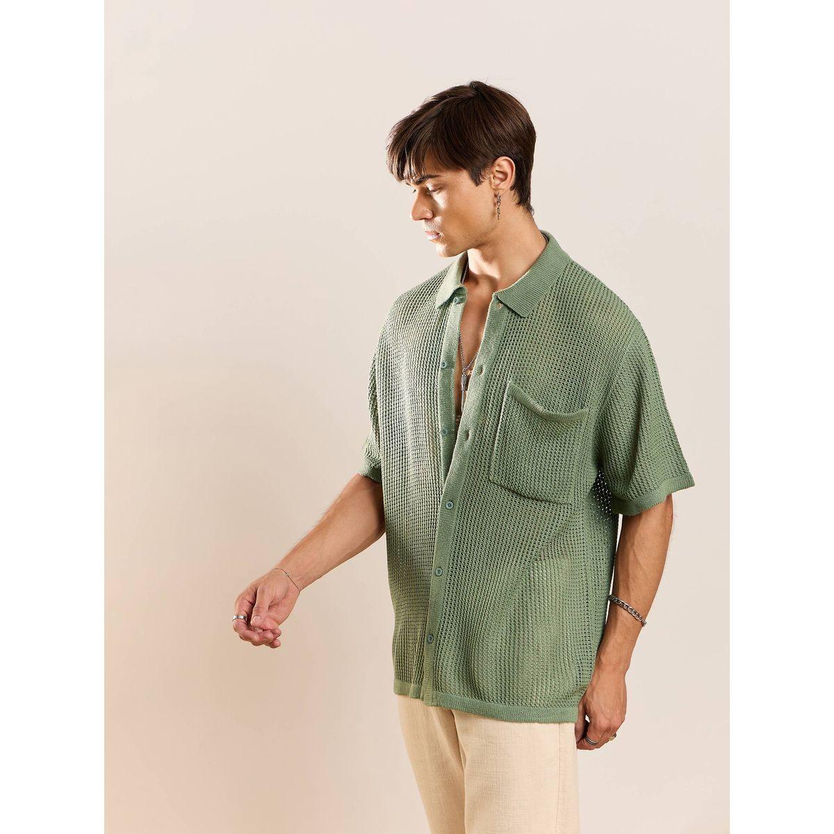 قميص فضفاض محبوك بخيوط كروشيه ماسكلن ساسافراس × ستايلي-men-clothing-shirts-image-3