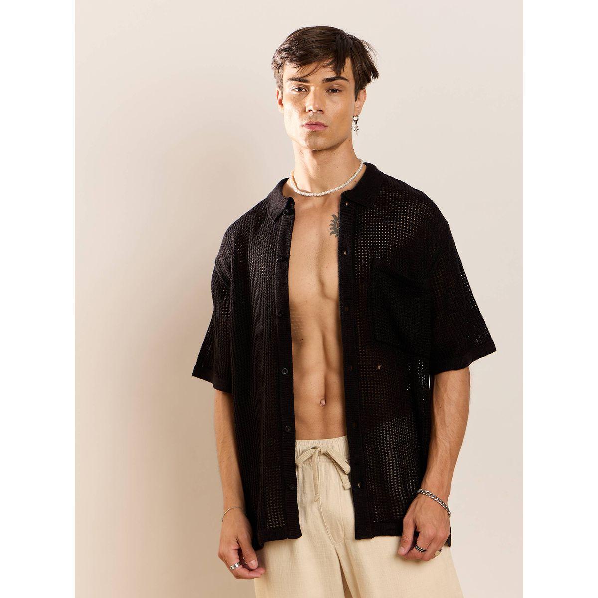 قميص فضفاض محبوك بخيوط كروشيه ماسكلن ساسافراس × ستايلي-men-clothing-shirts-image-1