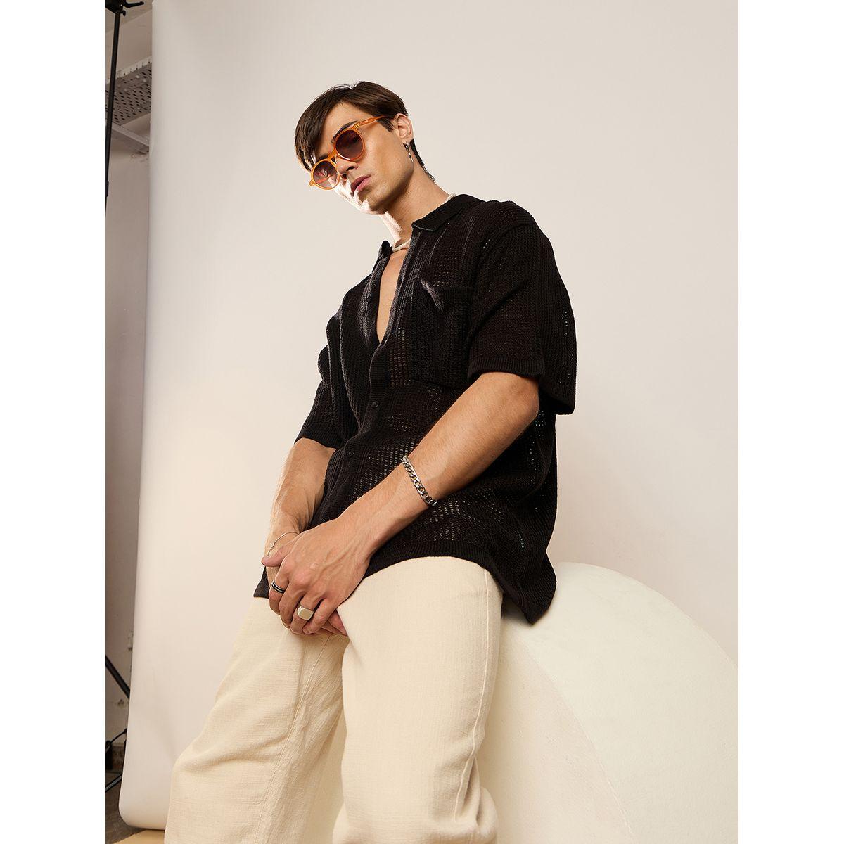 قميص فضفاض محبوك بخيوط كروشيه ماسكلن ساسافراس × ستايلي-men-clothing-shirts-image-2