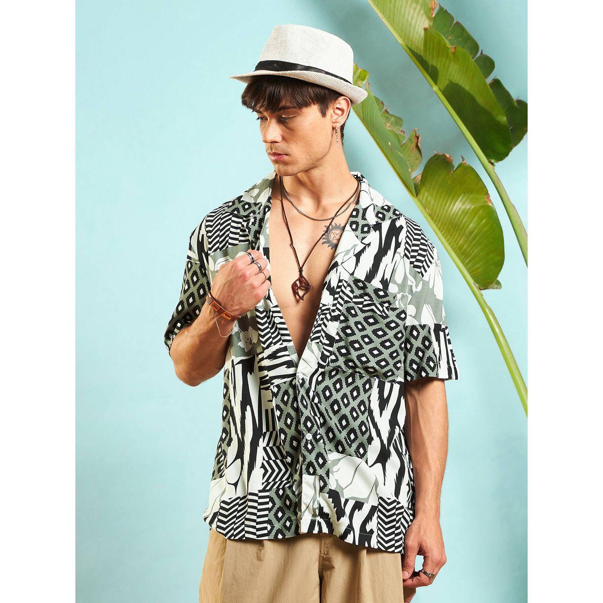 قميص مطبع بالكامل بطبعة مرقعة مع قصة مريحة ماسكلن ساسافراس × ستايلي-men-clothing-shirts-image-1