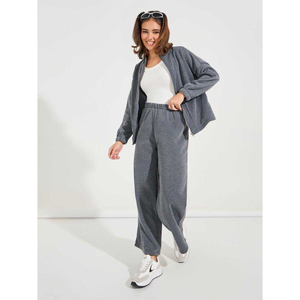 Styli Solid Fleece Jacket & Straight Leg Pants Co-Ords-women-clothing-coordsets-image-1
