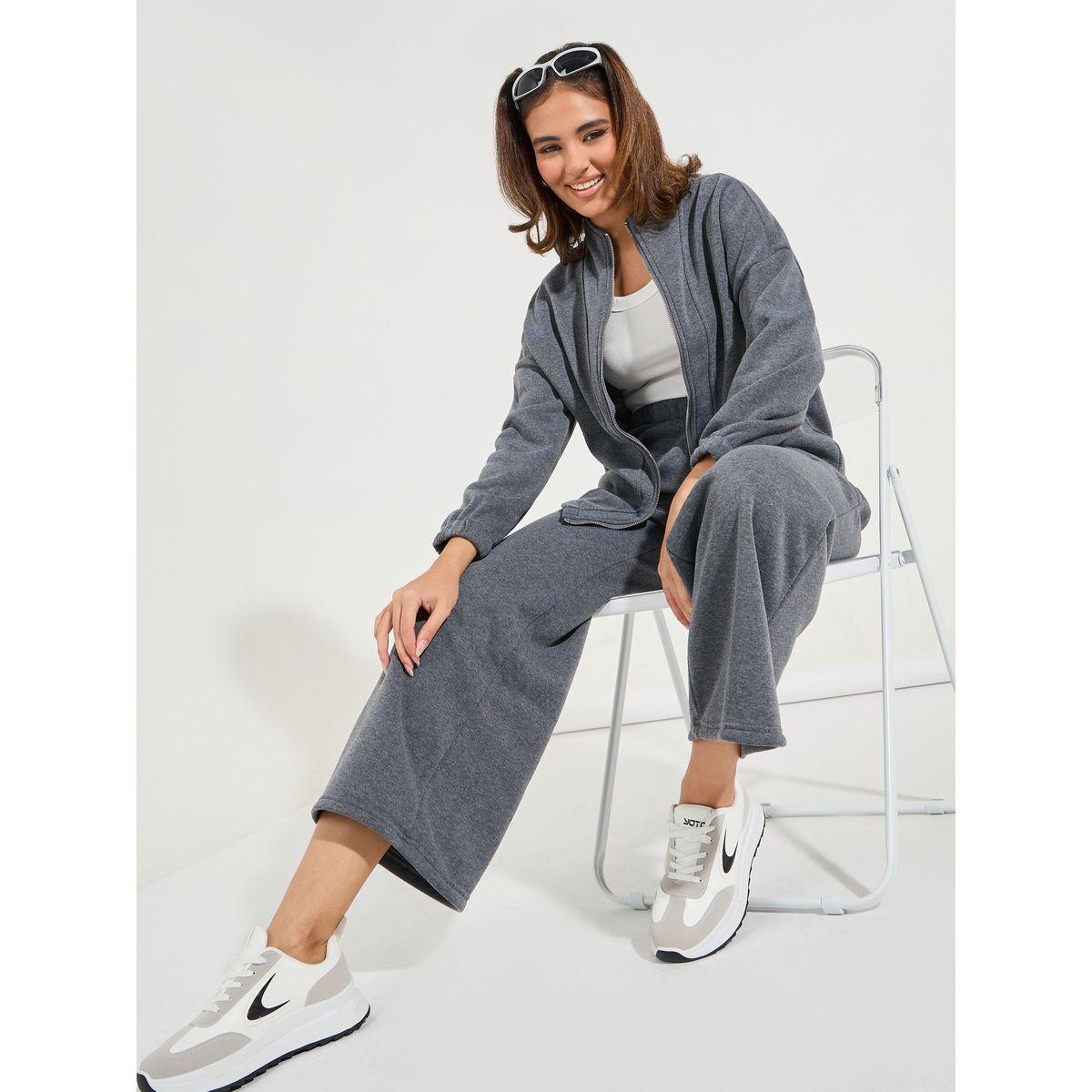 Styli Solid Fleece Jacket & Straight Leg Pants Co-Ords-women-clothing-coordsets-image-2