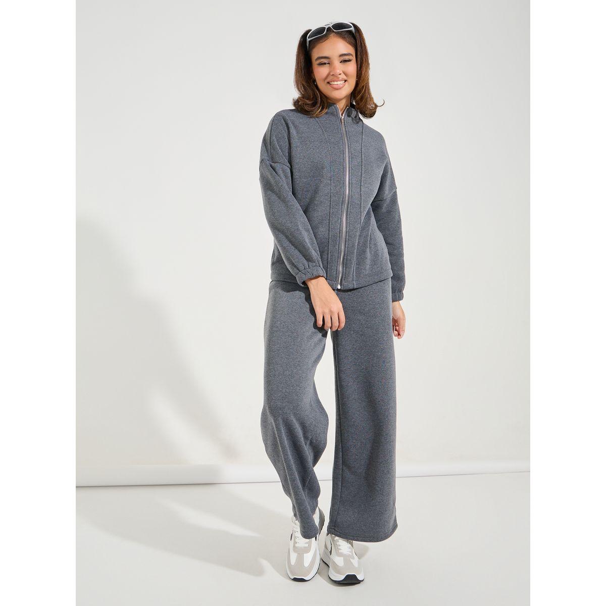Styli Solid Fleece Jacket & Straight Leg Pants Co-Ords-women-clothing-coordsets-image-4