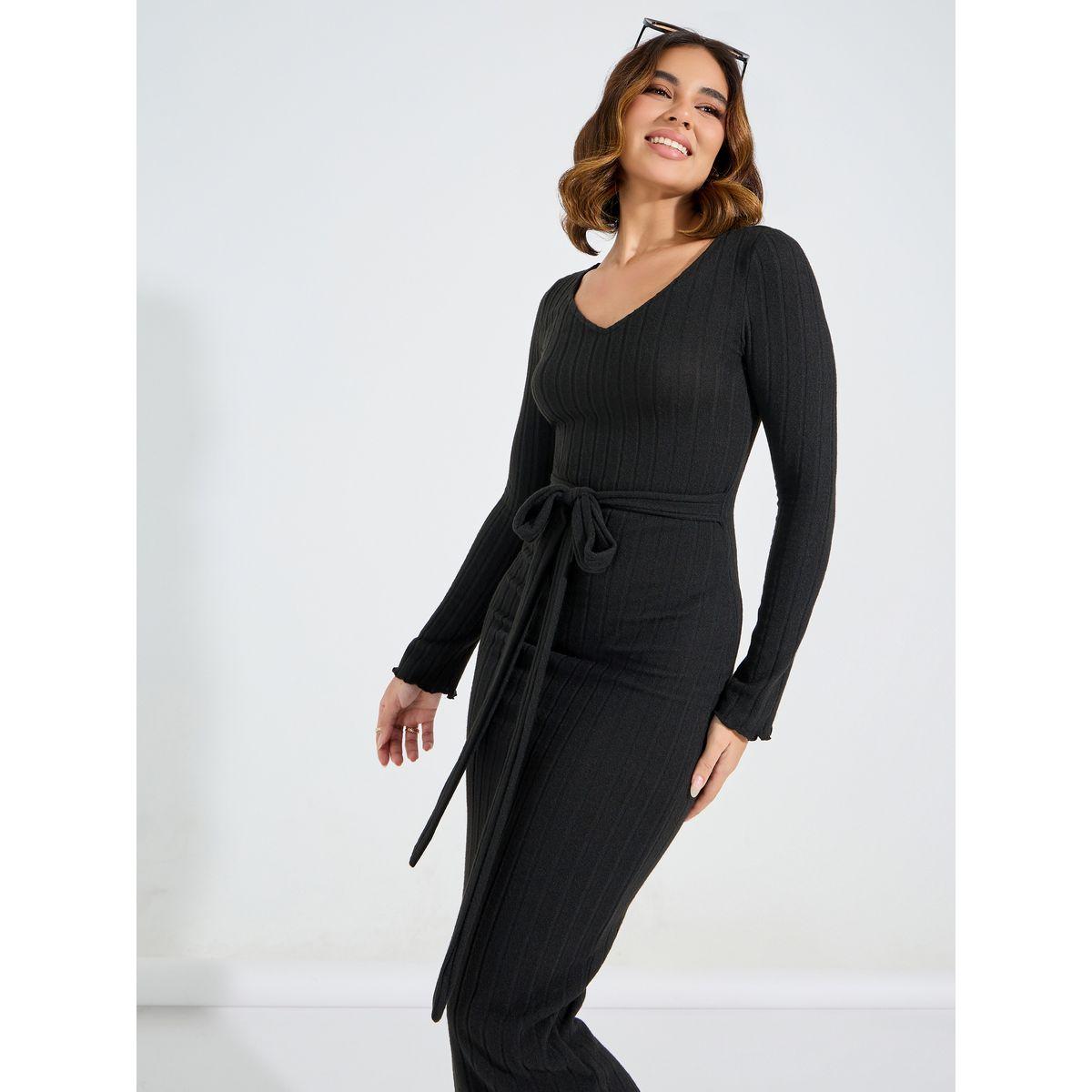 فستان طويل سادة بتفاصيل مضلعة واكمام طويلة-women-clothing-dresses-image-2