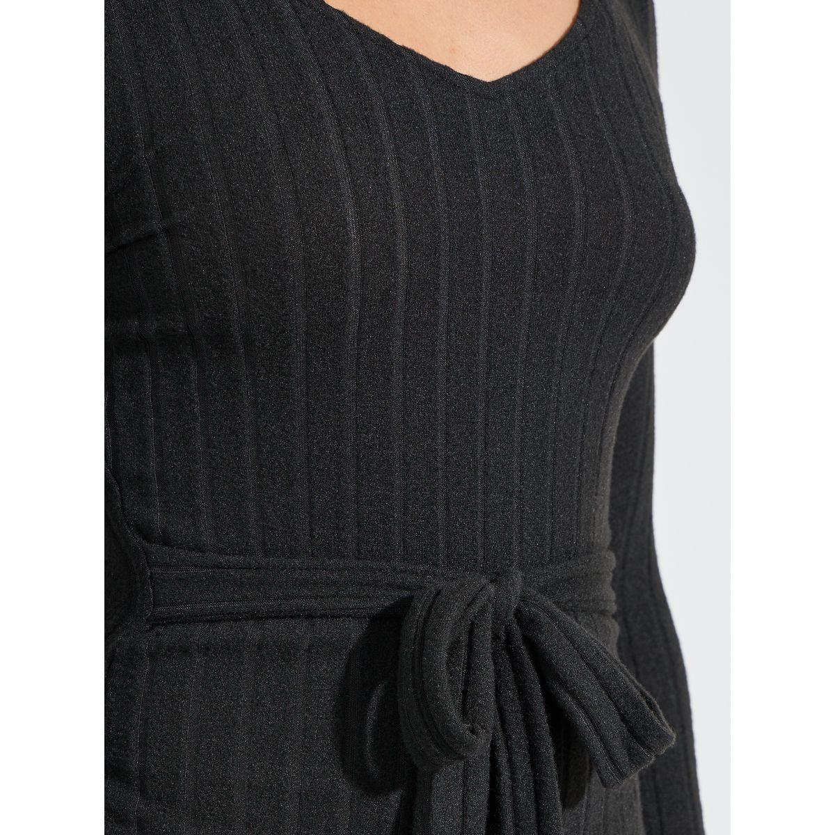 فستان طويل سادة بتفاصيل مضلعة واكمام طويلة-women-clothing-dresses-image-3