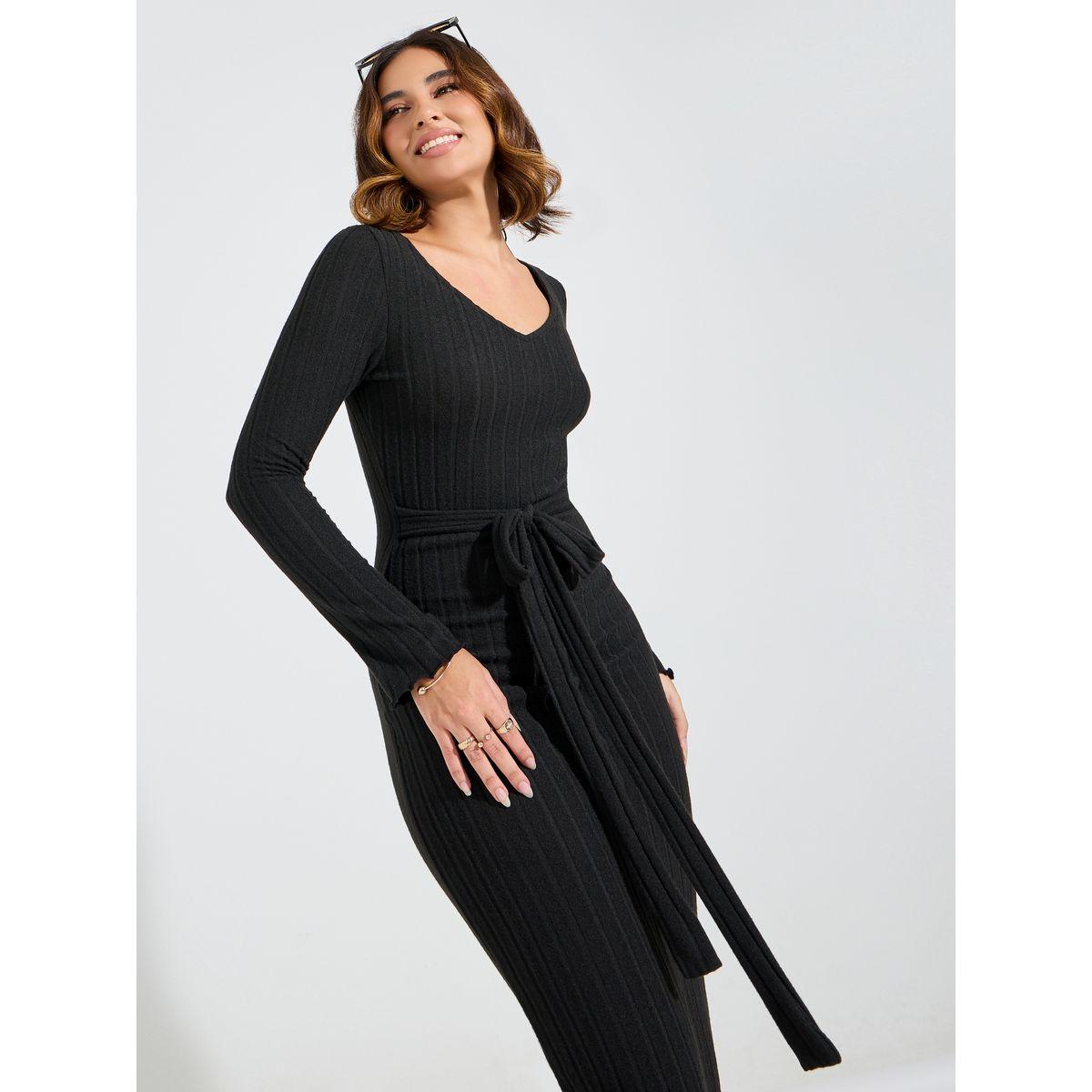 فستان طويل سادة بتفاصيل مضلعة واكمام طويلة-women-clothing-dresses-image-5