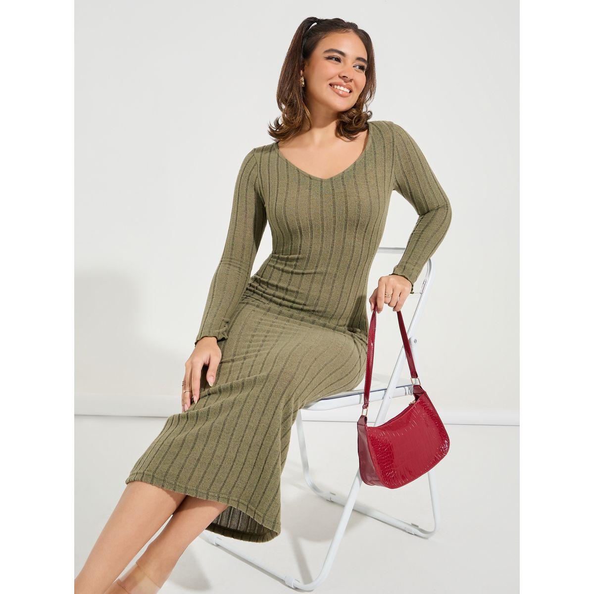 Styli Rib V Neck Maxi Dress with Tie Waist-women-clothing-dresses-image-1