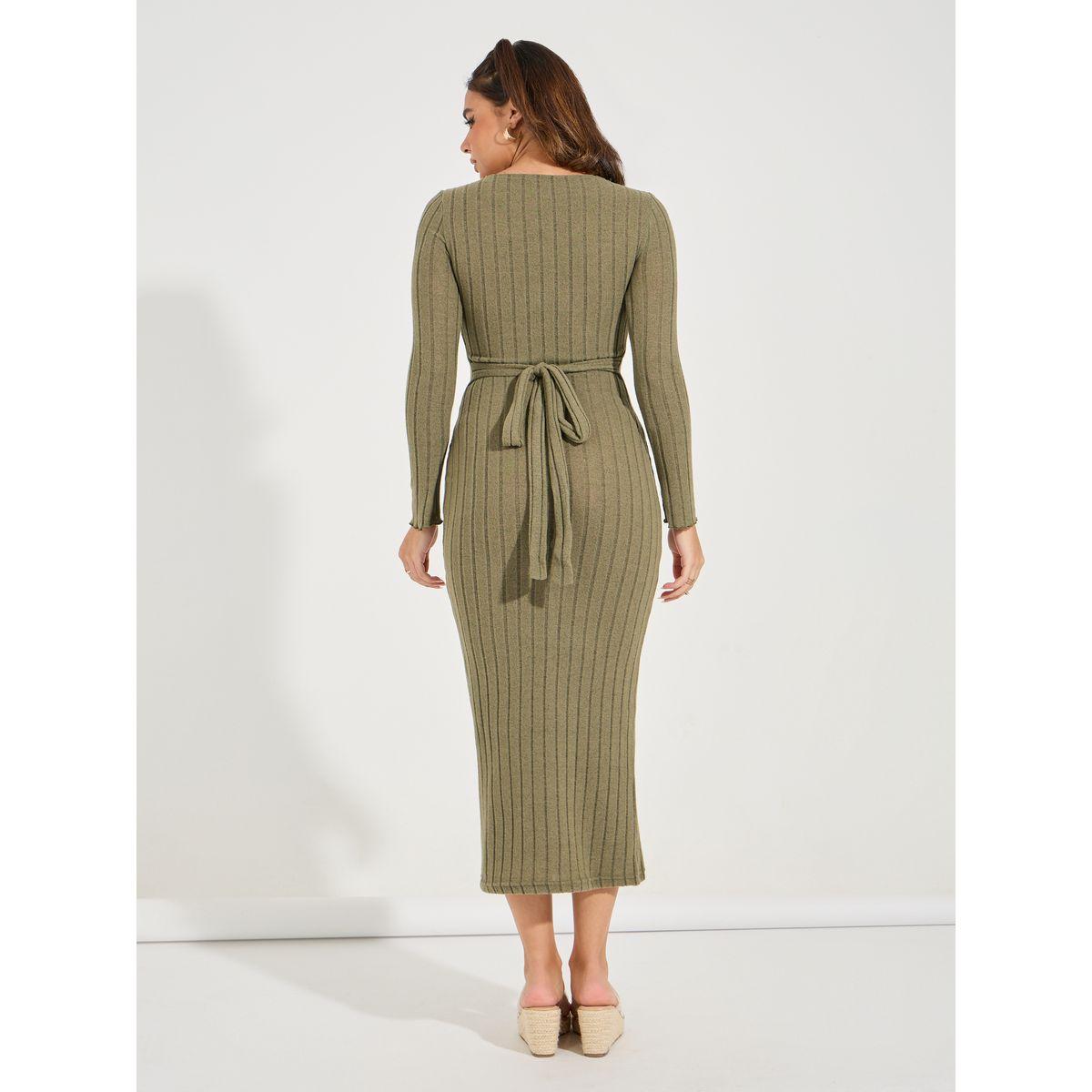 Styli Rib V Neck Maxi Dress with Tie Waist-women-clothing-dresses-image-5