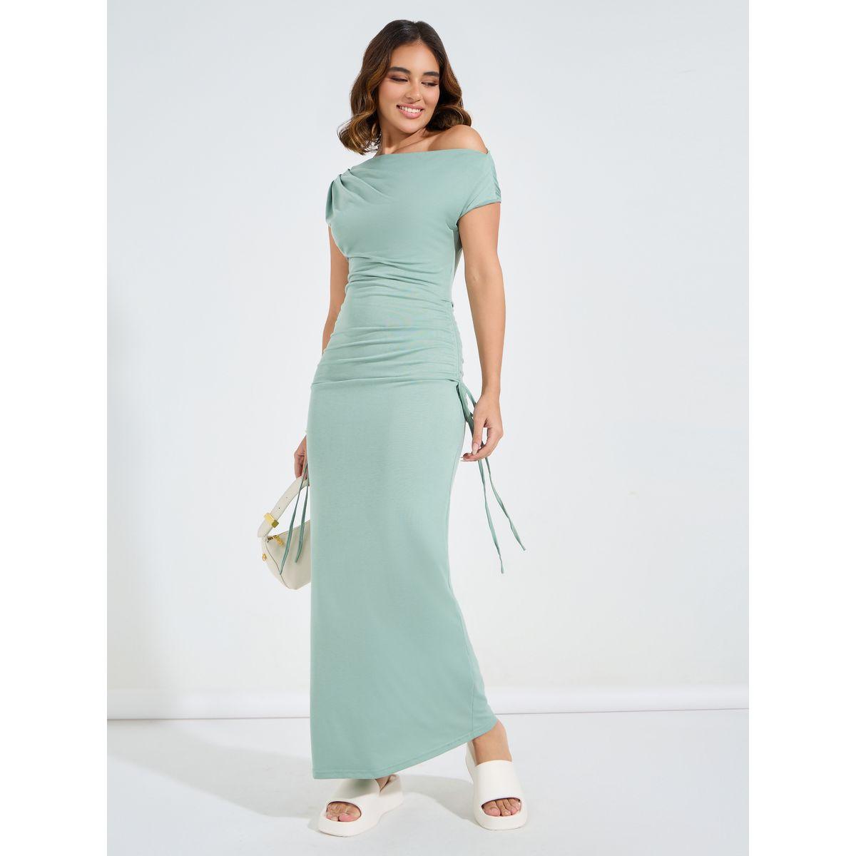 Styli Side Ruched Asymmetric Neck Maxi Dress-women-clothing-dresses-image-1
