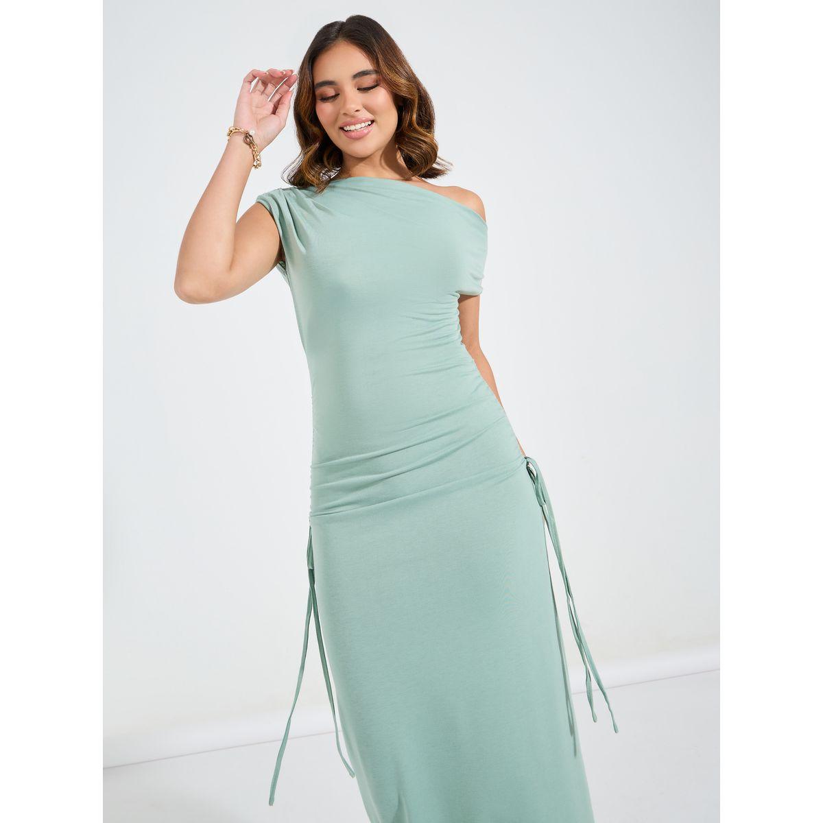 Styli Side Ruched Asymmetric Neck Maxi Dress-women-clothing-dresses-image-2