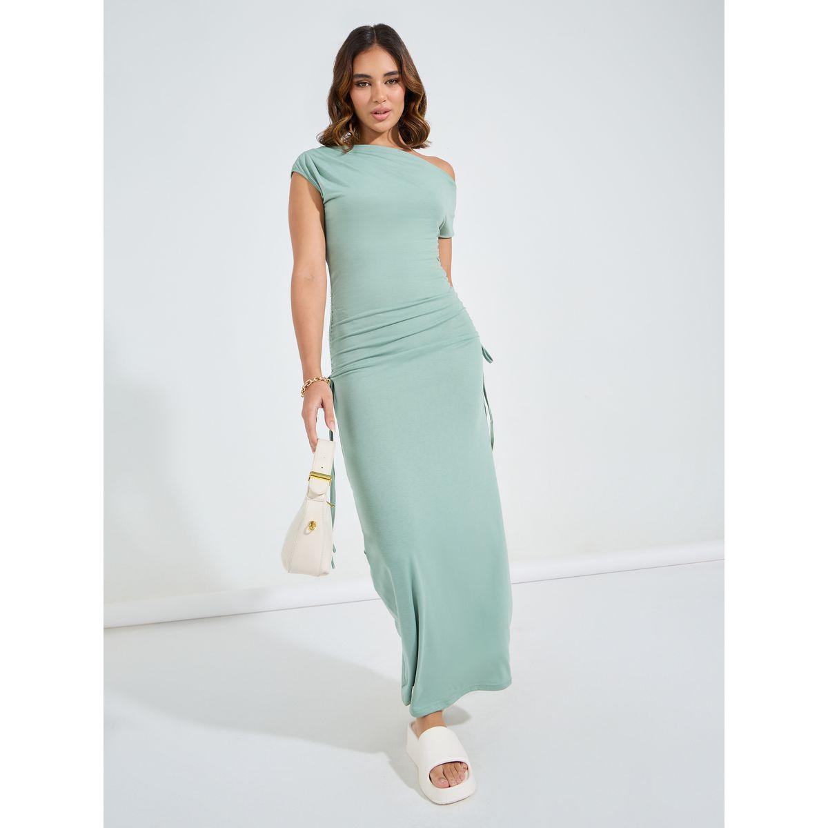فستان طويل سادة بياقة غير متماثلة الطول-women-clothing-dresses-image-4