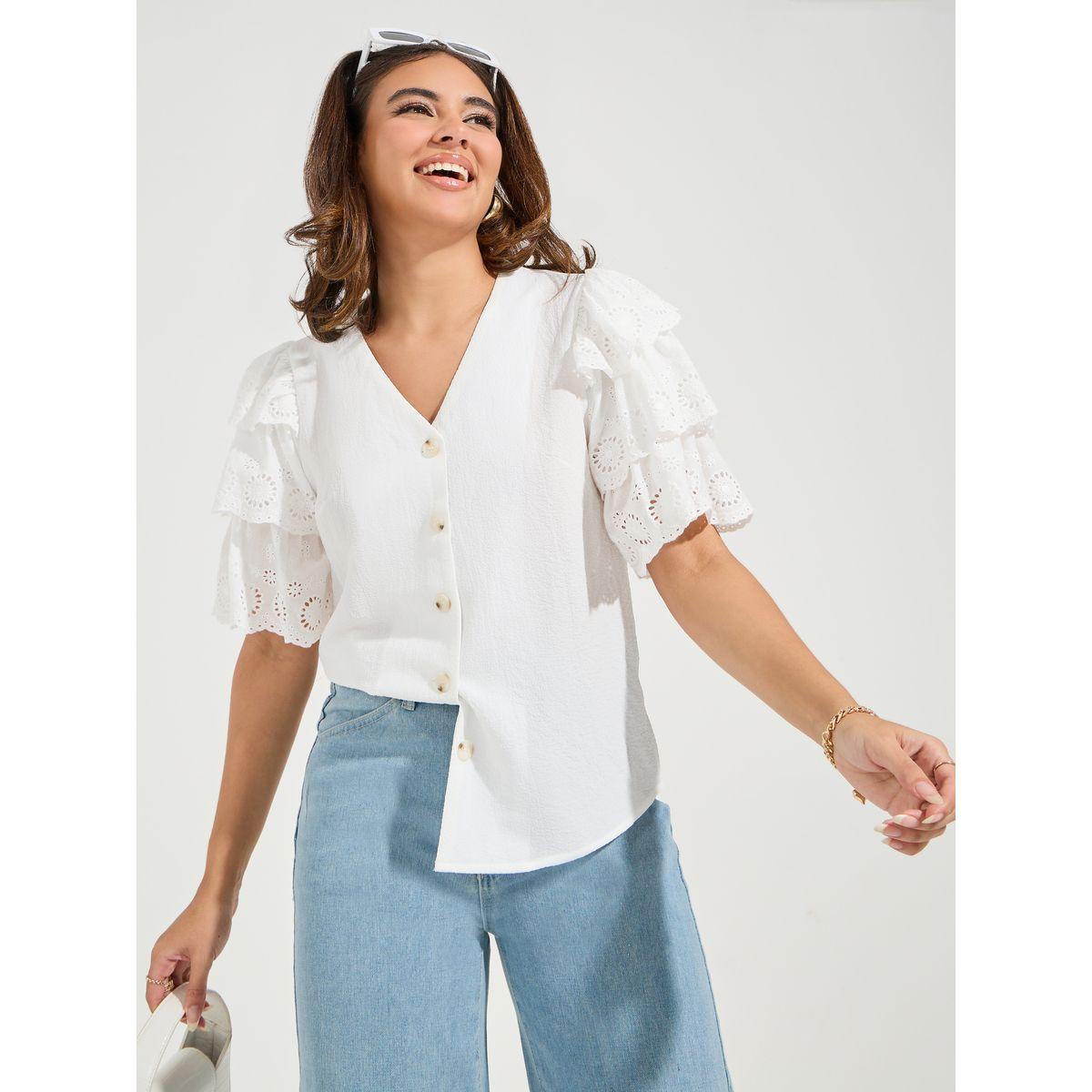 Styli Schiffli Detail Frill Sleeves Top-women-clothing-shirtsandblouses-blouses-image-1