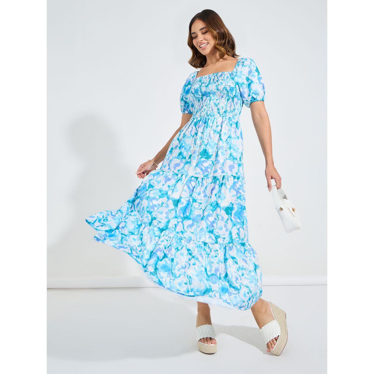 Styli Floral Print Square Neck Smocking Detail Maxi Dress-women-clothing-dresses-image-1