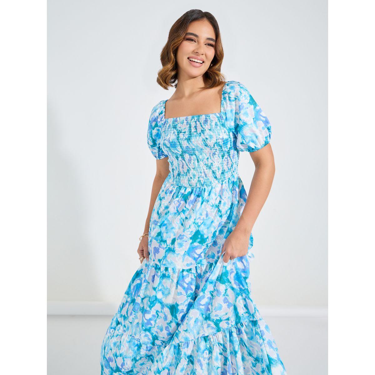 Styli Floral Print Square Neck Smocking Detail Maxi Dress-women-clothing-dresses-image-2