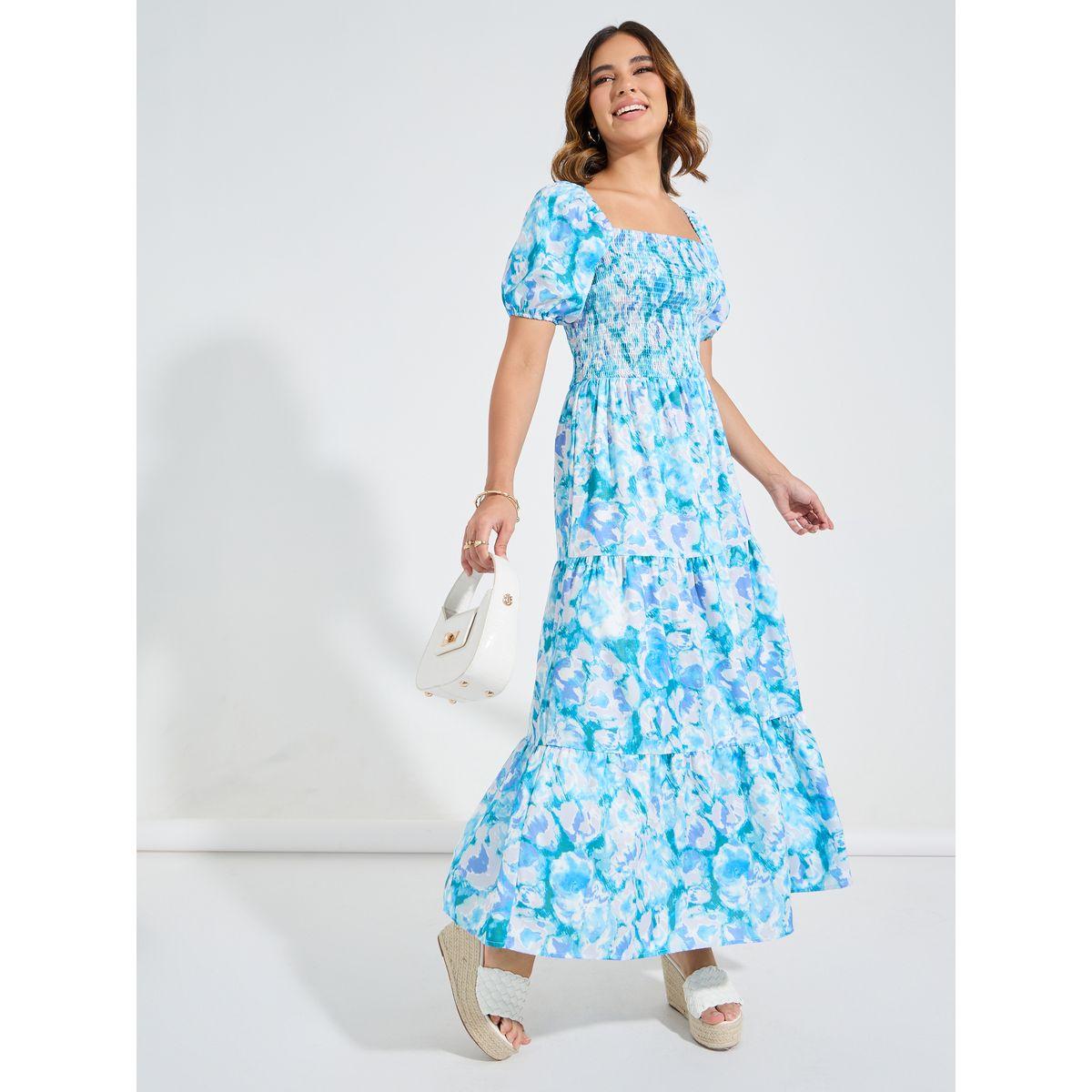 Styli Floral Print Square Neck Smocking Detail Maxi Dress-women-clothing-dresses-image-4