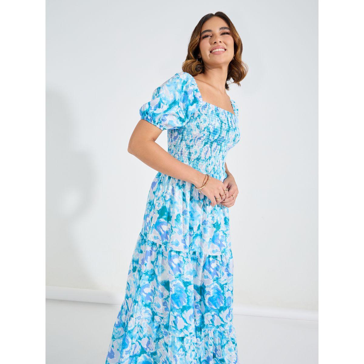 Styli Floral Print Square Neck Smocking Detail Maxi Dress-women-clothing-dresses-image-5
