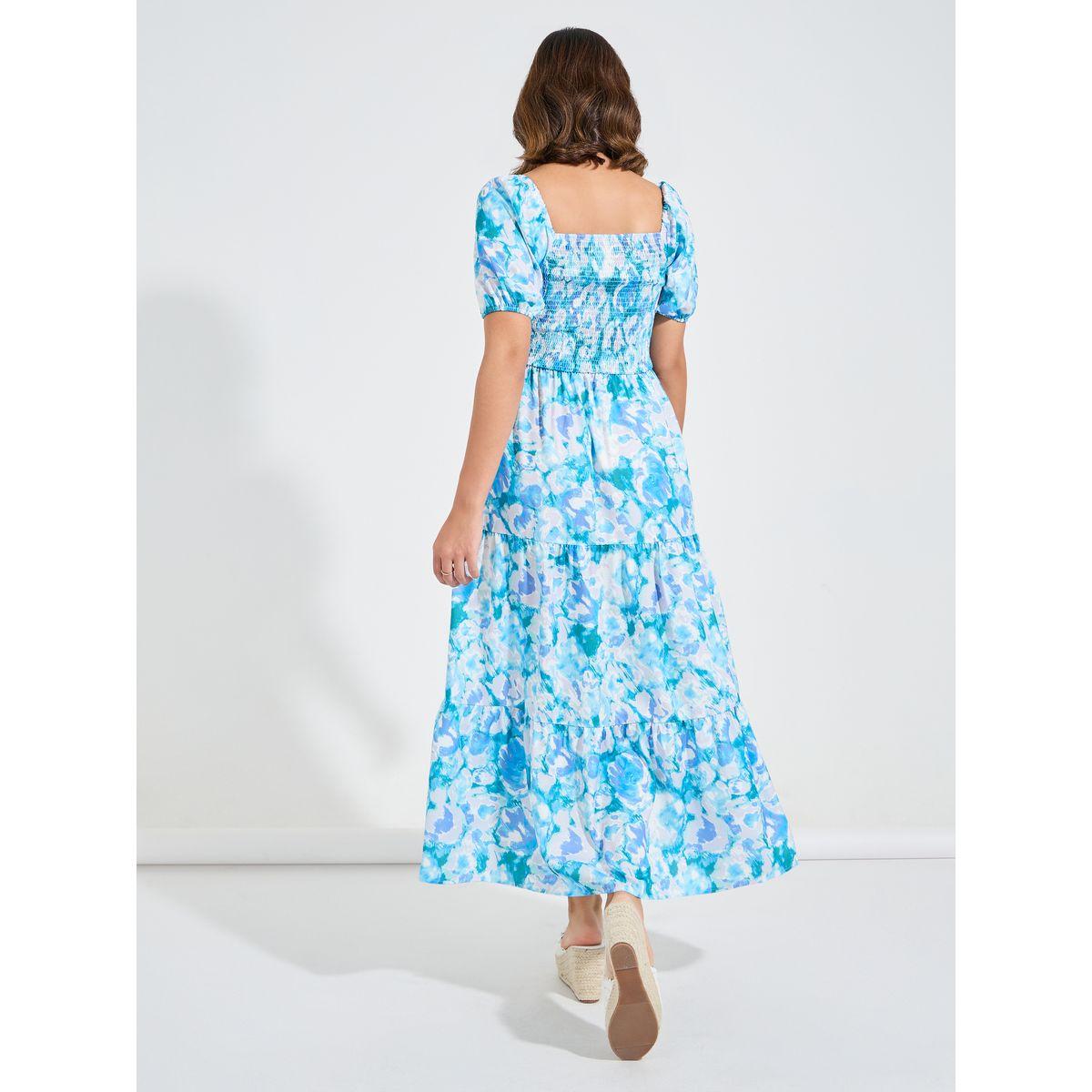 Styli Floral Print Square Neck Smocking Detail Maxi Dress-women-clothing-dresses-image-6