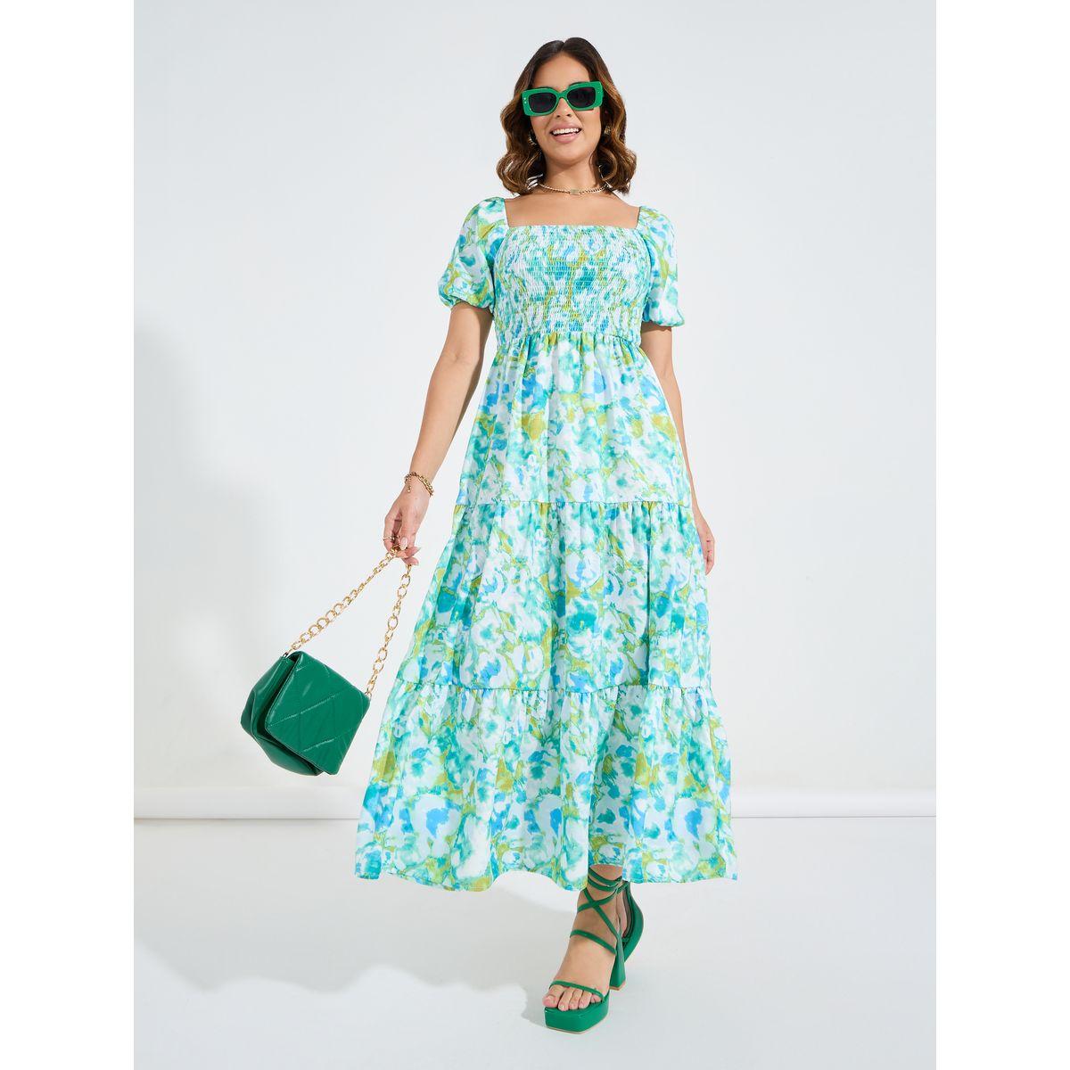 Styli Floral Print Square Neck Smocking Detail Maxi Dress-women-clothing-dresses-image-1