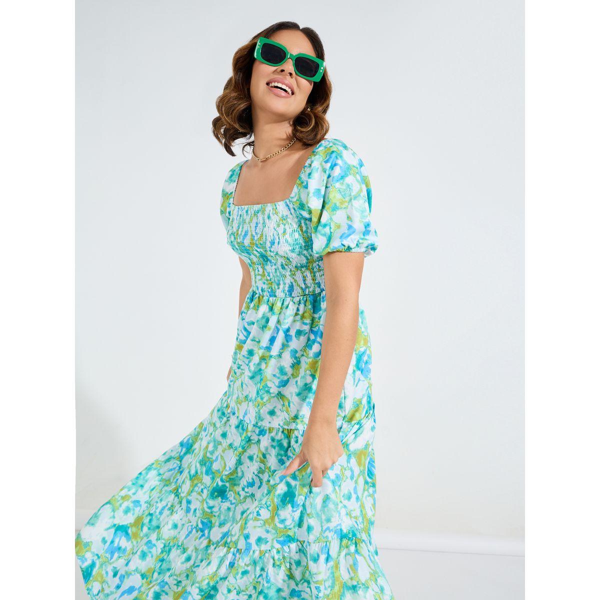 Styli Floral Print Square Neck Smocking Detail Maxi Dress-women-clothing-dresses-image-2