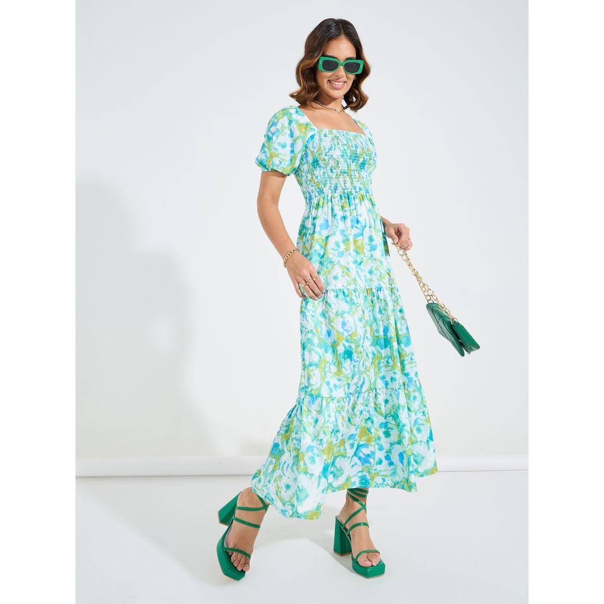 Styli Floral Print Square Neck Smocking Detail Maxi Dress-women-clothing-dresses-image-4