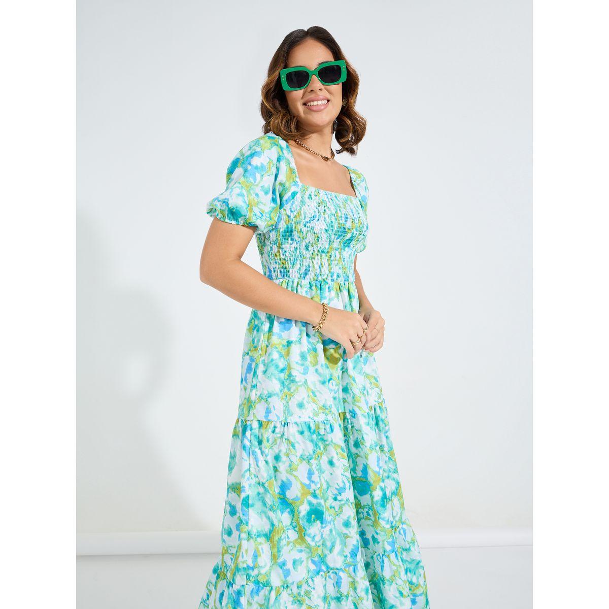 Styli Floral Print Square Neck Smocking Detail Maxi Dress-women-clothing-dresses-image-5
