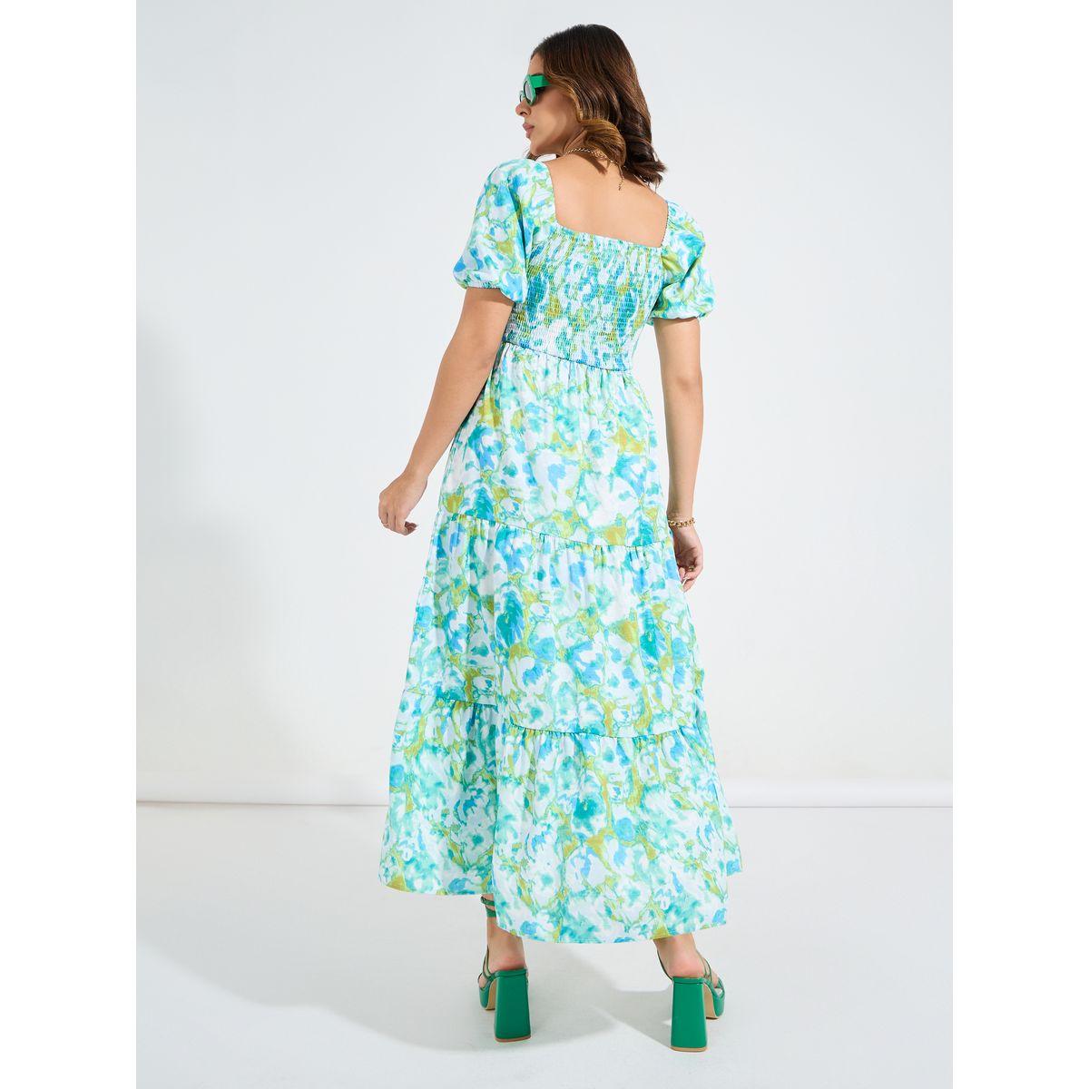 Styli Floral Print Square Neck Smocking Detail Maxi Dress-women-clothing-dresses-image-6