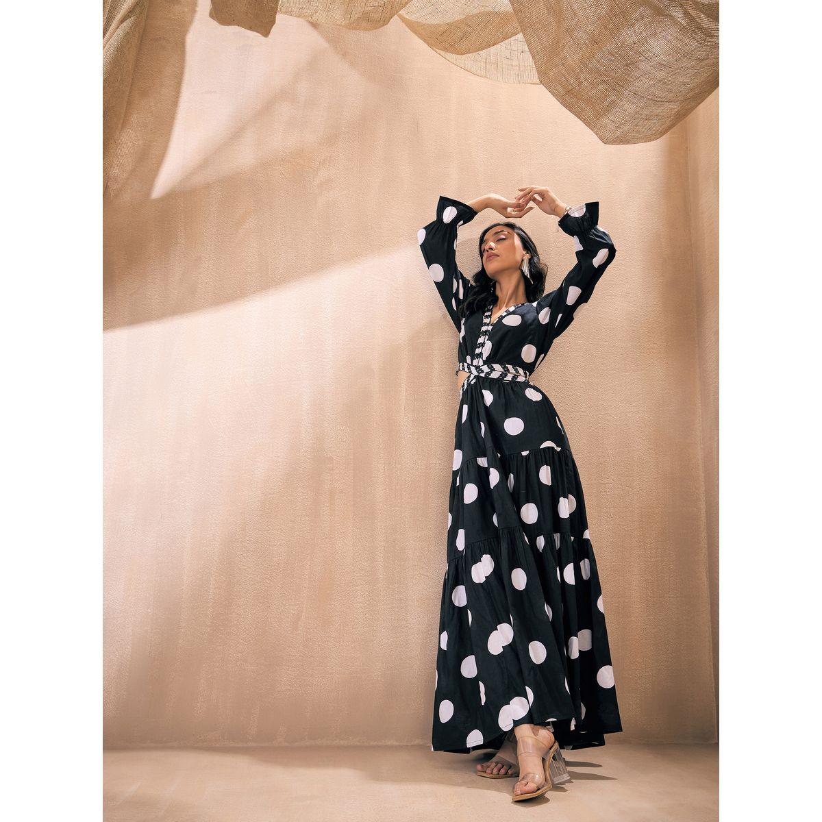 فستان طويل بطبعة نقاط بولكا وكسرات ساسافراس × ستايلي-women-clothing-dresses-image-1