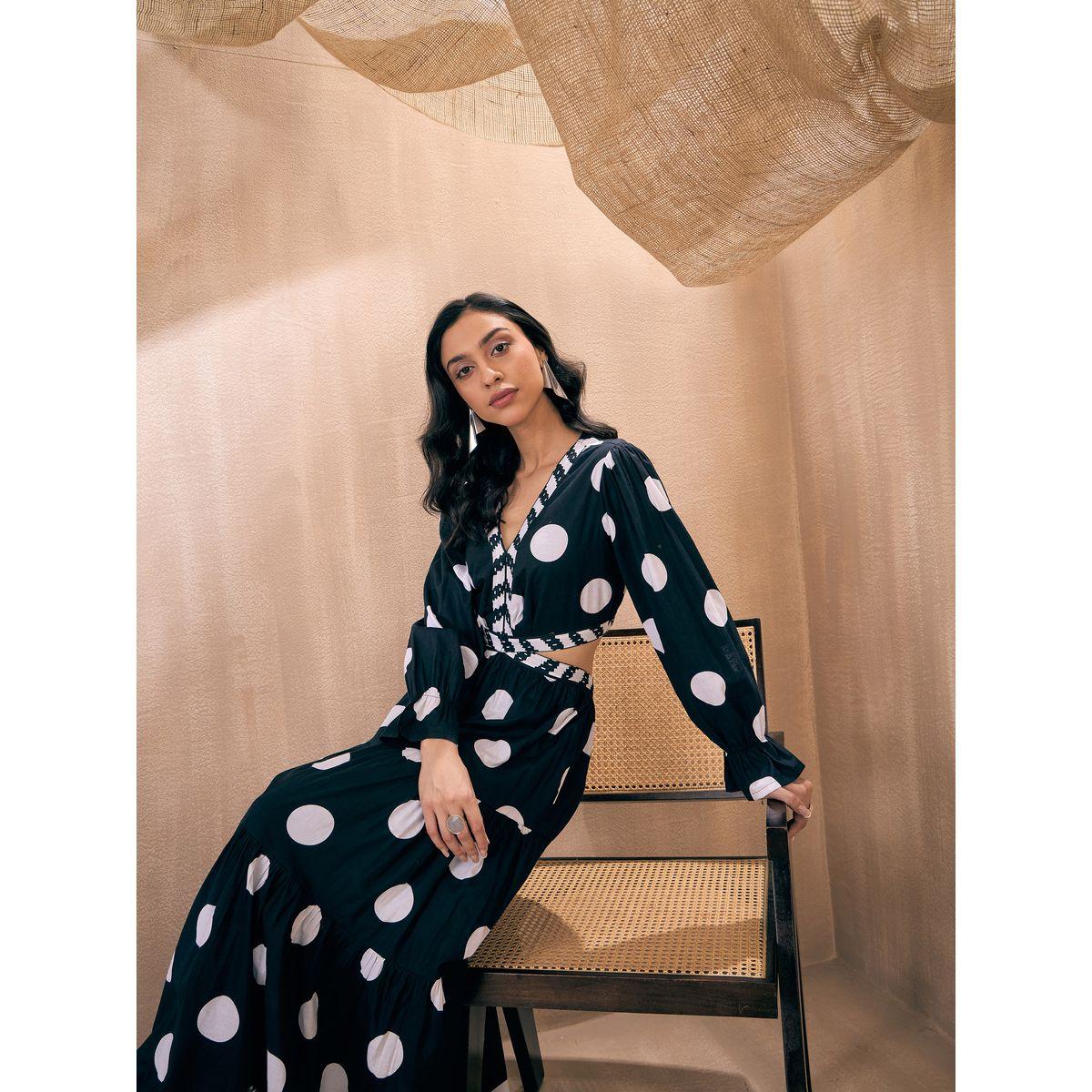 ワンピース Tiered Polka-Dot Long Dress black M Long polka dot tiered tube dress | Icône | Long Dresses