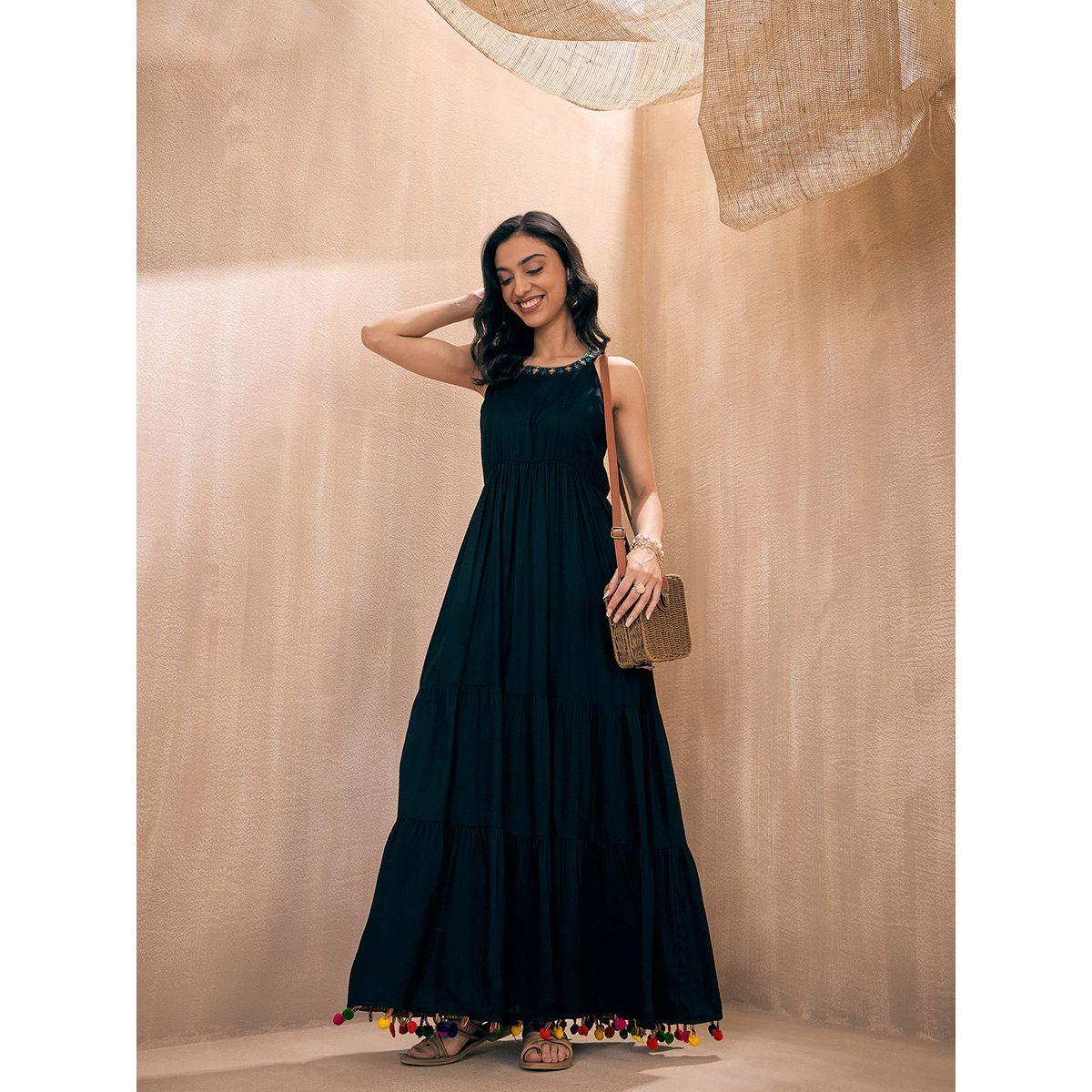 Sassafras X Styli  Embroidered Neckline Pom-Pom Detail Tiered Maxi Dress-women-clothing-dresses-image-1