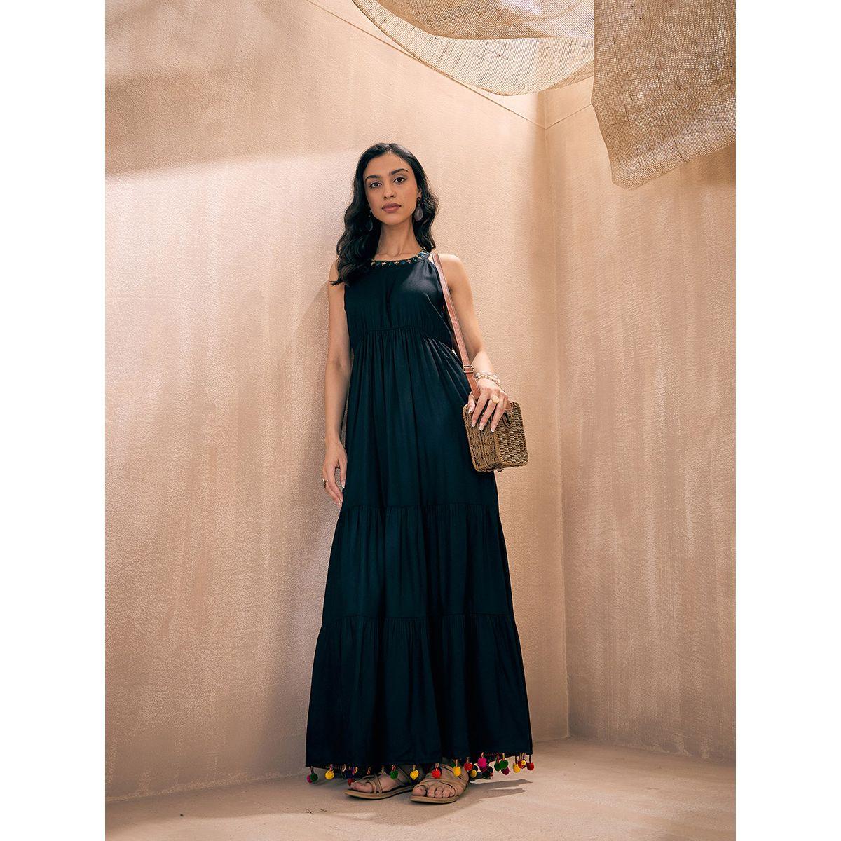 Sassafras X Styli  Embroidered Neckline Pom-Pom Detail Tiered Maxi Dress-women-clothing-dresses-image-6