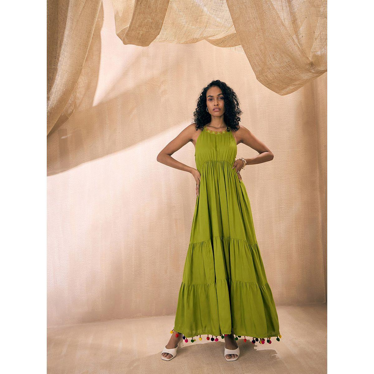 فستان طويل مزين بكرات بوم بوم مع كسرات ساسافراس × ستايلي-women-clothing-dresses-image-2