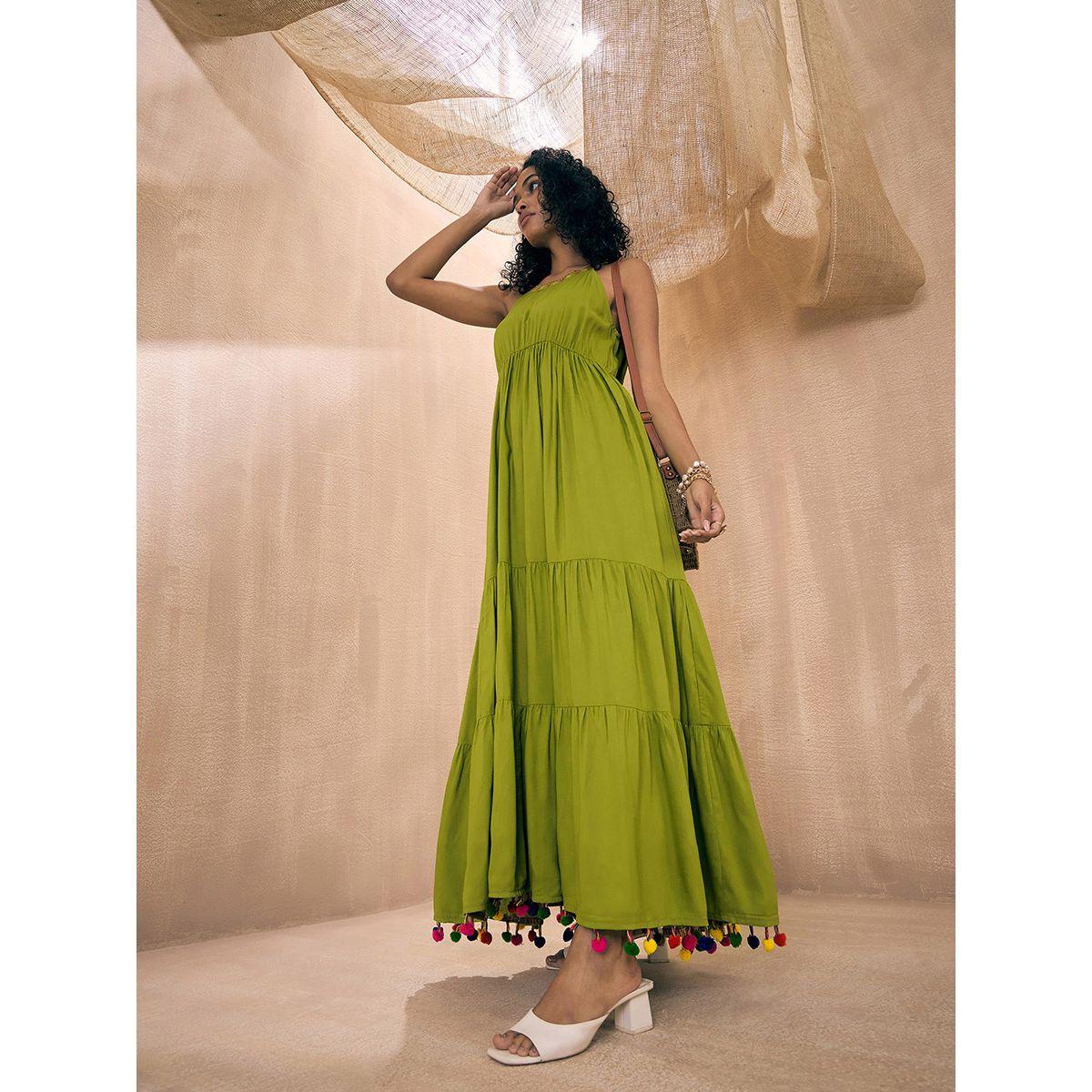 فستان طويل مزين بكرات بوم بوم مع كسرات ساسافراس × ستايلي-women-clothing-dresses-image-3
