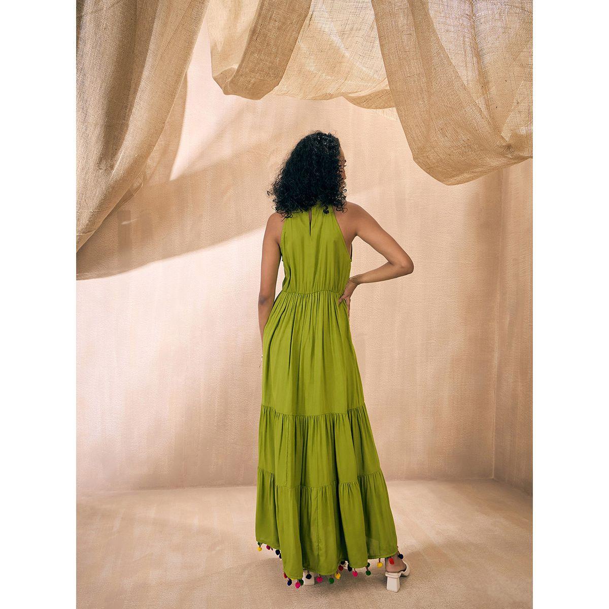 فستان طويل مزين بكرات بوم بوم مع كسرات ساسافراس × ستايلي-women-clothing-dresses-image-5