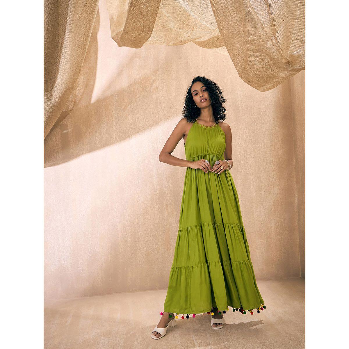فستان طويل مزين بكرات بوم بوم مع كسرات ساسافراس × ستايلي-women-clothing-dresses-image-6