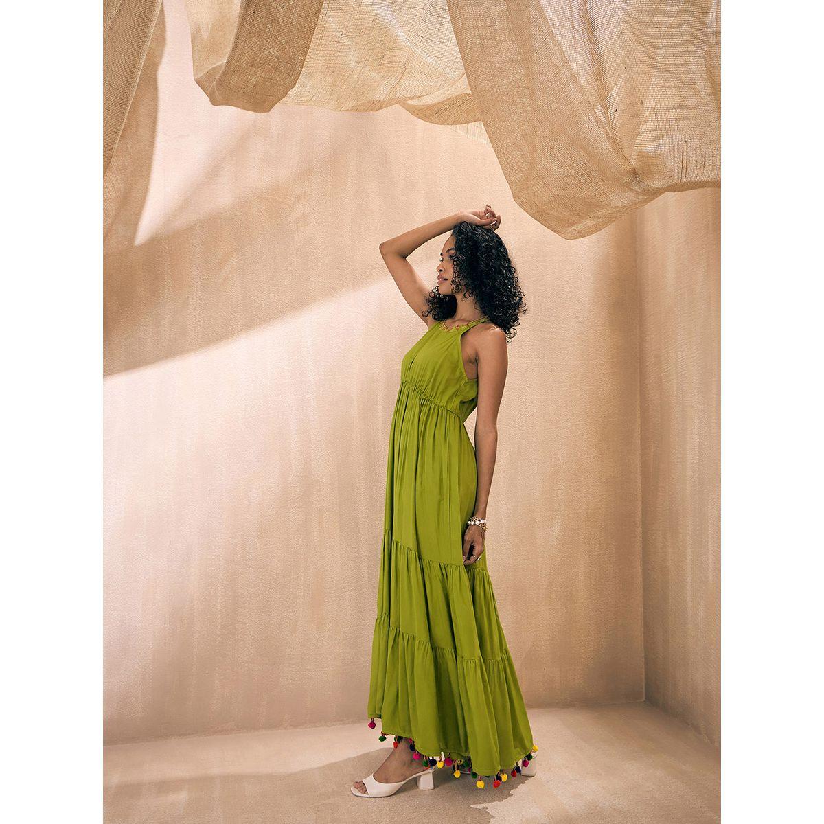 فستان طويل مزين بكرات بوم بوم مع كسرات ساسافراس × ستايلي-women-clothing-dresses-image-7