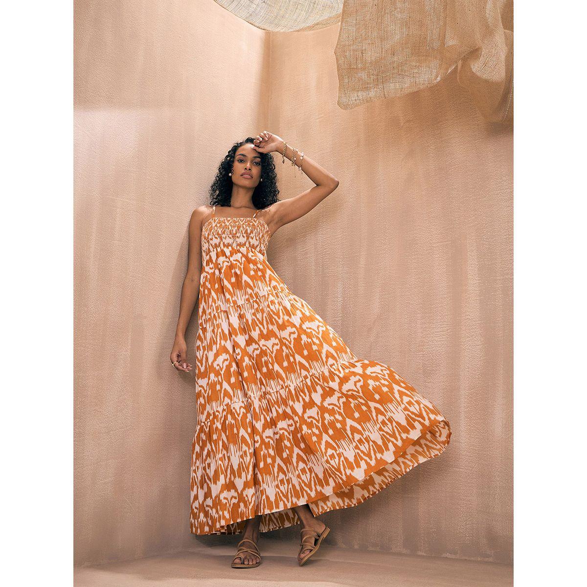 فستان طويل بطبعة ايكات وكسرات ساسافراس × ستايلي-women-clothing-dresses-image-1